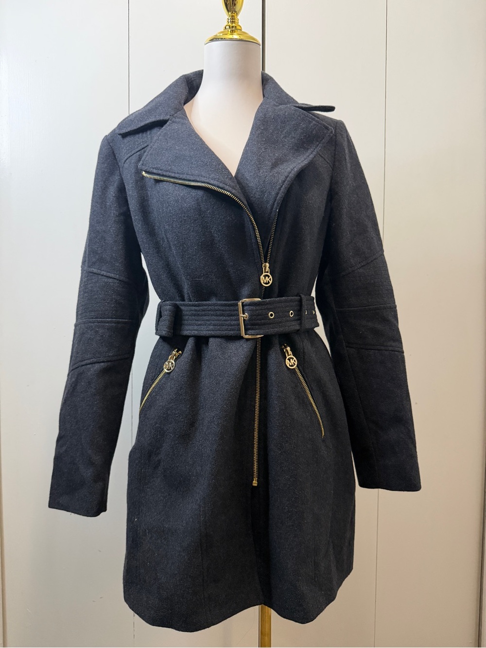 Michael Kors Charcoal Gray Belted Trench Coat with Gold Hardware - Picture 3 of 15